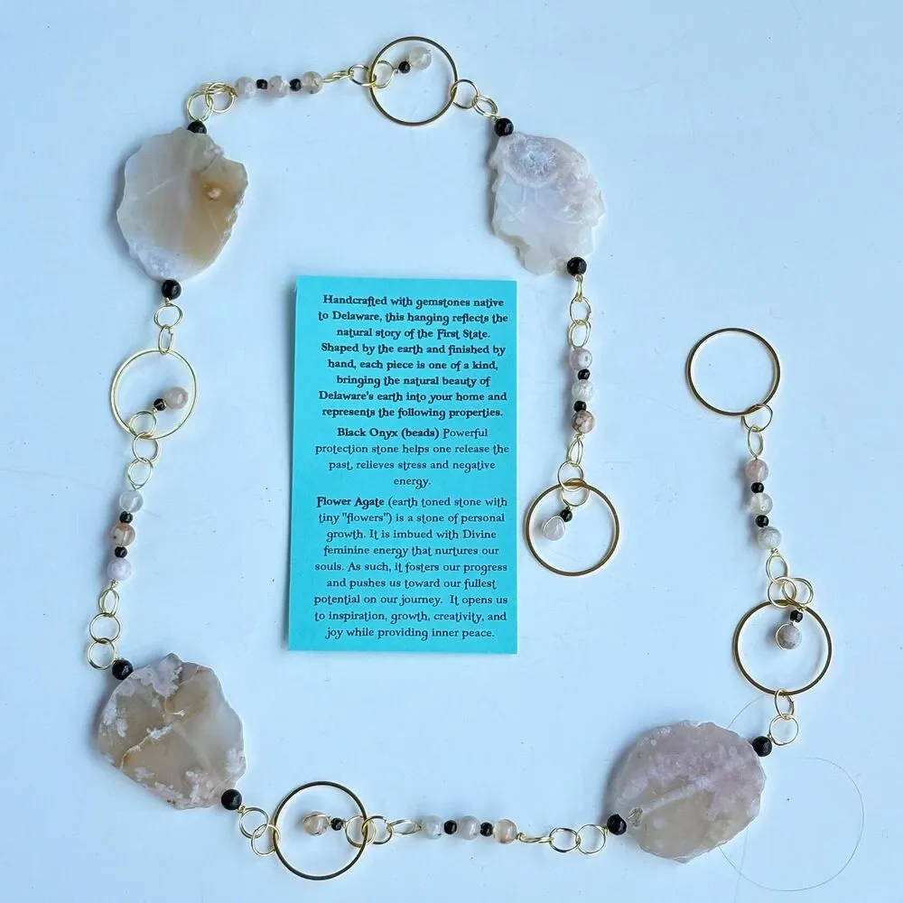 Flower Agate Black Onyx Hanging Polished Agate Slice & Beads Growth Creativity